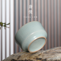 四方亭汝窰大號主人盃手工中式功夫茶盃私人雕刻汝瓷盃子80ml