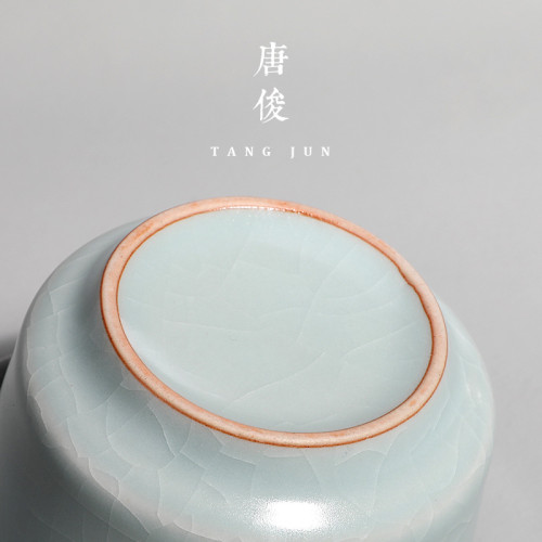 四方亭汝窰大號主人盃手工中式功夫茶盃私人雕刻汝瓷盃子80ml