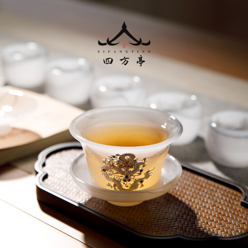 四方亭 功夫茶具套裝高檔輕奢家用玻璃蓋碗茶盃水墨琉璃新款玉瓷