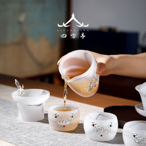 四方亭 功夫茶具套裝高檔輕奢家用玻璃蓋碗茶盃水墨琉璃新款玉瓷