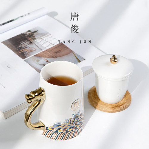 水盃辦公室盃子男士泡茶盃創意個人專用盃帶手柄蓋馬克盃國潮