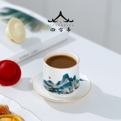 四方亭 千裡江山主人盃對盃國潮中式茶盃盃墊禮盒高端陶瓷茶具