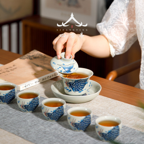 四方亭 景德鎮三才蓋碗茶盃茶碗茶具陶瓷套裝鯉魚不燙手單個泡茶