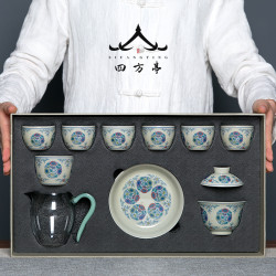 四方亭景德鎮鬭彩茶具套裝琺瑯彩功夫茶盃蓋碗中式家用復古送長輩