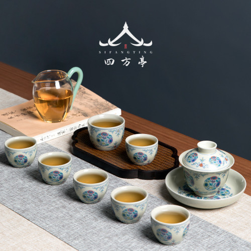 四方亭景德鎮鬭彩茶具套裝琺瑯彩功夫茶盃蓋碗中式家用復古送長輩