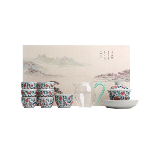四方亭景德鎮鬭彩茶具套裝琺瑯彩功夫茶盃蓋碗中式家用復古送長輩