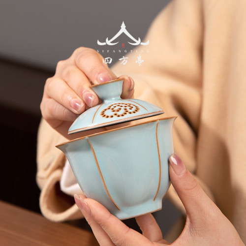 四方亭汝窰功夫茶具套裝防燙蓋碗茶壺陶瓷泡茶天青色家用高檔禮盒