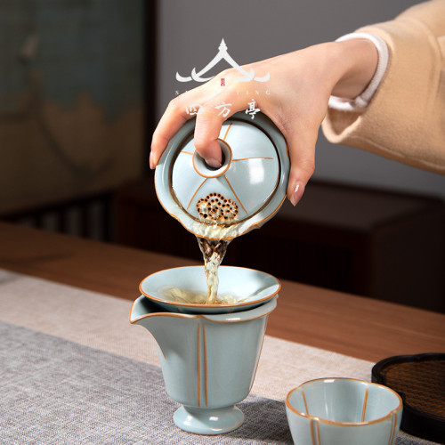 四方亭汝窰功夫茶具套裝防燙蓋碗茶壺陶瓷泡茶天青色家用高檔禮盒