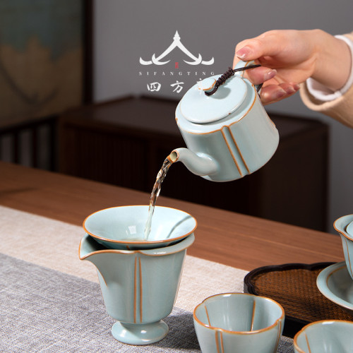 四方亭汝窰功夫茶具套裝防燙蓋碗茶壺陶瓷泡茶天青色家用高檔禮盒