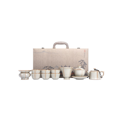 四方亭汝窰功夫茶具套裝防燙蓋碗茶壺陶瓷泡茶天青色家用高檔禮盒