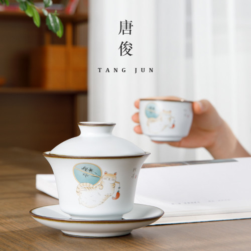 景德鎮女士蓋碗貓咪三才茶碗陶瓷開片可養套裝功夫茶具單個