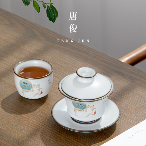 景德鎮女士蓋碗貓咪三才茶碗陶瓷開片可養套裝功夫茶具單個