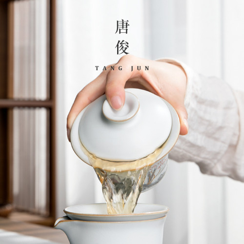 汝窰蓋碗景德鎮三才茶碗茶盃單個汝瓷功夫陶瓷茶具套裝泡茶高端