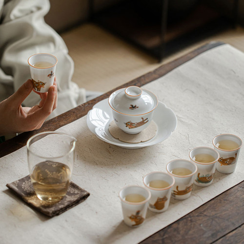 茶具套裝貓咪主題創意新款網紅白瓷蓋碗茶盃套裝家用輕奢高檔可愛