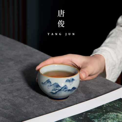 景德鎮釉下彩主人盃手繪陶瓷單個品茗盃大號茶盃功夫茶具盃子倣古