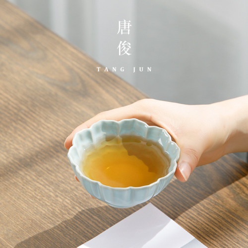 四方亭汝窰大號女士主人盃花瓣茶盃個人汝瓷單盃茶盞陶瓷高檔茶具