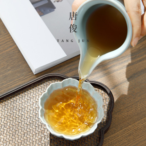四方亭汝窰大號女士主人盃花瓣茶盃個人汝瓷單盃茶盞陶瓷高檔茶具