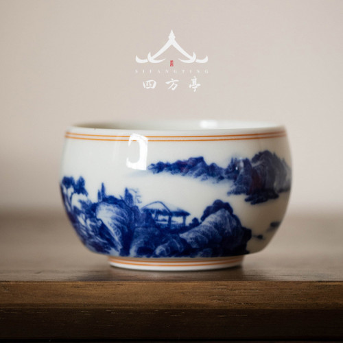 茶盃陶瓷主人盃單盃景德鎮青花瓷山水茶盞品茗盃茶具白瓷羊脂玉