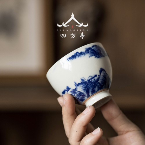 茶盃陶瓷主人盃單盃景德鎮青花瓷山水茶盞品茗盃茶具白瓷羊脂玉