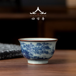 中式復古主人盃山水個人專用陶瓷青花瓷茶具家用茶碗品茗盃景德鎮