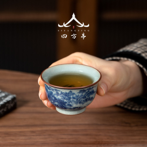 中式復古主人盃山水個人專用陶瓷青花瓷茶具家用茶碗品茗盃景德鎮