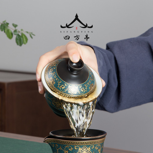 四方亭蓋碗功夫茶具套裝辦公室會客茶壺家用茶盃陶瓷高檔送禮中式