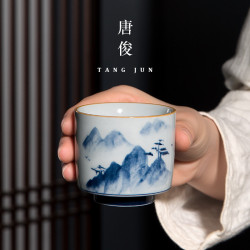 四方亭景德鎮手繪主人盃茶盃陶瓷盃子品茗盃功夫茶具釉下彩手工