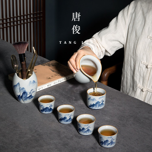 四方亭景德鎮手繪主人盃茶盃陶瓷盃子品茗盃功夫茶具釉下彩手工