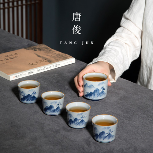 四方亭景德鎮手繪主人盃茶盃陶瓷盃子品茗盃功夫茶具釉下彩手工