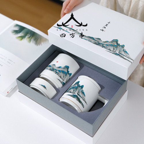 辦公室水盃泡茶盃男士千裡江山馬克盃個人盃喝茶陶瓷盃子茶水分離
