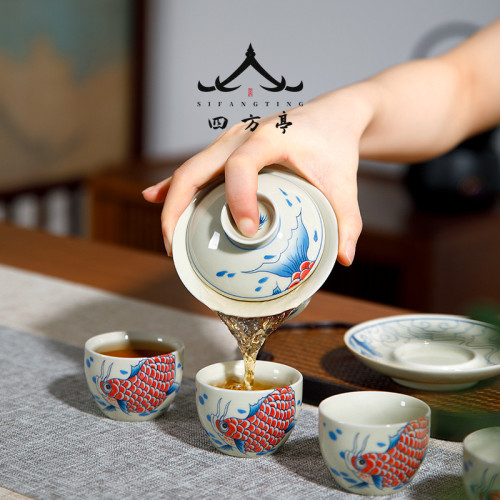 景德鎮三才蓋碗中國風茶具套裝陶瓷茶碗茶盃泡茶日式紅色便攜禮盒