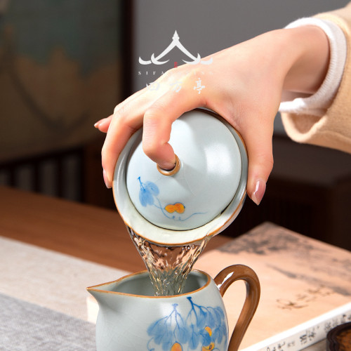 四方亭 景德鎮手繪汝窰茶具套裝天青色手工潮汕功夫茶盃陶瓷蓋碗