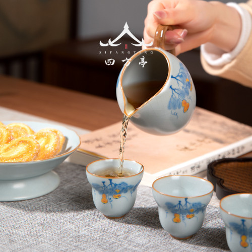 四方亭 景德鎮手繪汝窰茶具套裝天青色手工潮汕功夫茶盃陶瓷蓋碗