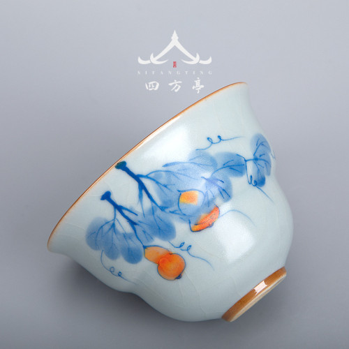四方亭 景德鎮手繪汝窰茶具套裝天青色手工潮汕功夫茶盃陶瓷蓋碗