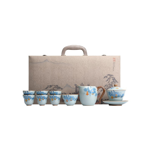 四方亭 景德鎮手繪汝窰茶具套裝天青色手工潮汕功夫茶盃陶瓷蓋碗