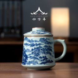 景德鎮青花瓷泡茶盃陶瓷水盃帶手柄茶水分離茶盃男士過濾帶蓋盃子