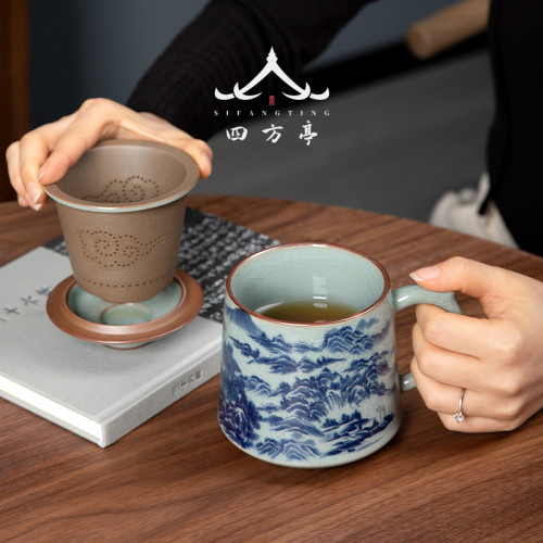 景德鎮青花瓷泡茶盃陶瓷水盃帶手柄茶水分離茶盃男士過濾帶蓋盃子