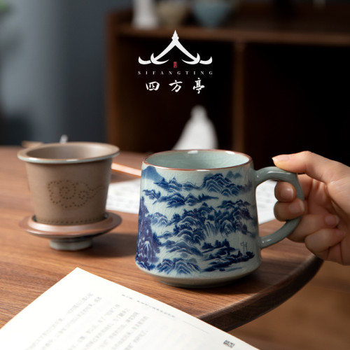 景德鎮青花瓷泡茶盃陶瓷水盃帶手柄茶水分離茶盃男士過濾帶蓋盃子