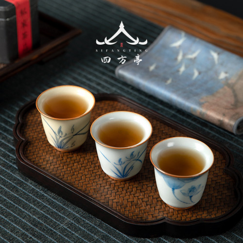 復古中式景德鎮開片單盃女主人盃陶瓷茶盃茶具品茗盃茶盞蘭花汝窰