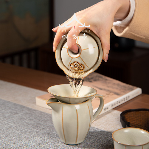 四方亭 汝窰功夫茶具套裝高檔輕奢防燙蓋碗茶壺家用客厛茶盃泡茶