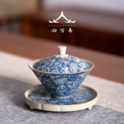 四方亭青花瓷三才蓋碗鬭笠茶盃單個高檔陶瓷茶碗茶具套裝防燙泡茶