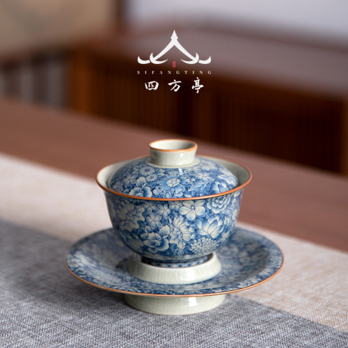 四方亭青花瓷三才蓋碗鬭笠茶盃單個高檔陶瓷茶碗茶具套裝防燙泡茶