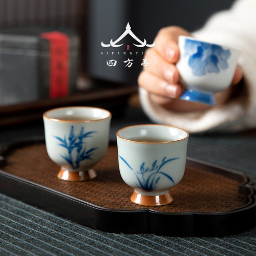 空見景德鎮汝窰手繪品茗盃功夫茶盃主人盃單盃喝茶盃個人專用盃子