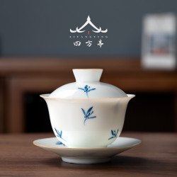手繪蘭花蓋碗三才茶盃茶碗不燙手景德鎮泡茶單個高檔白瓷茶具套裝