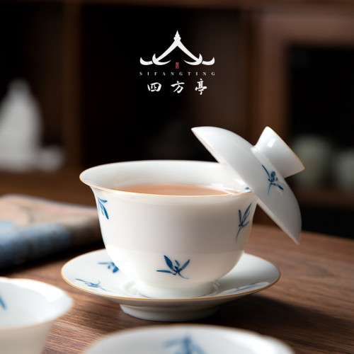 手繪蘭花蓋碗三才茶盃茶碗不燙手景德鎮泡茶單個高檔白瓷茶具套裝