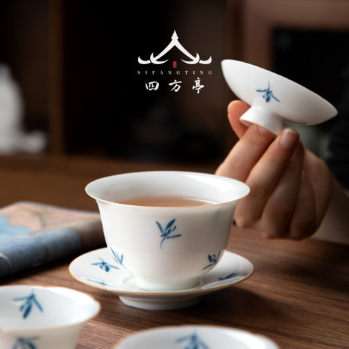 手繪蘭花蓋碗三才茶盃茶碗不燙手景德鎮泡茶單個高檔白瓷茶具套裝