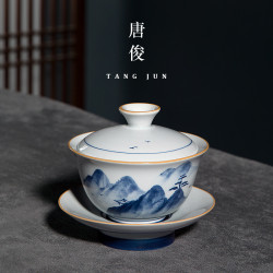 景德鎮手繪蓋碗陶瓷單個三才茶碗茶盃中式復古功夫茶具青花瓷高端
