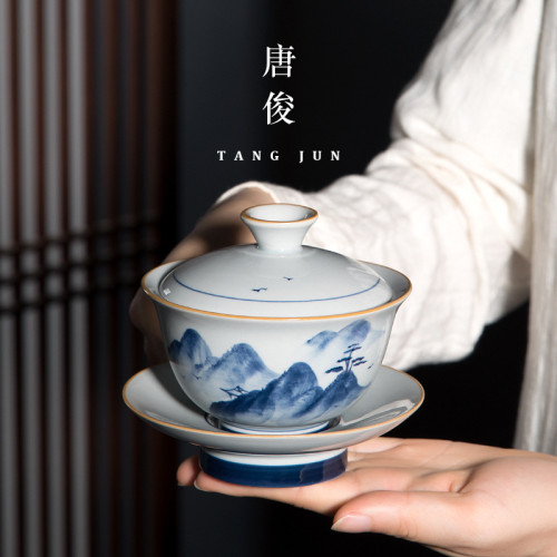 景德鎮手繪蓋碗陶瓷單個三才茶碗茶盃中式復古功夫茶具青花瓷高端