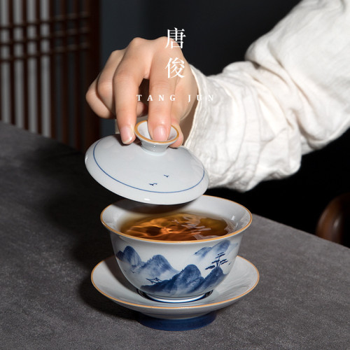 景德鎮手繪蓋碗陶瓷單個三才茶碗茶盃中式復古功夫茶具青花瓷高端