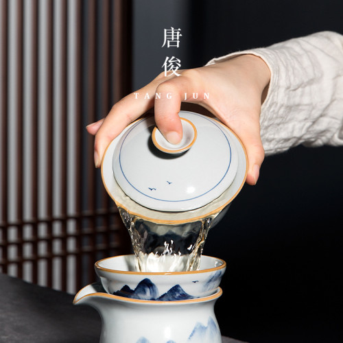 景德鎮手繪蓋碗陶瓷單個三才茶碗茶盃中式復古功夫茶具青花瓷高端